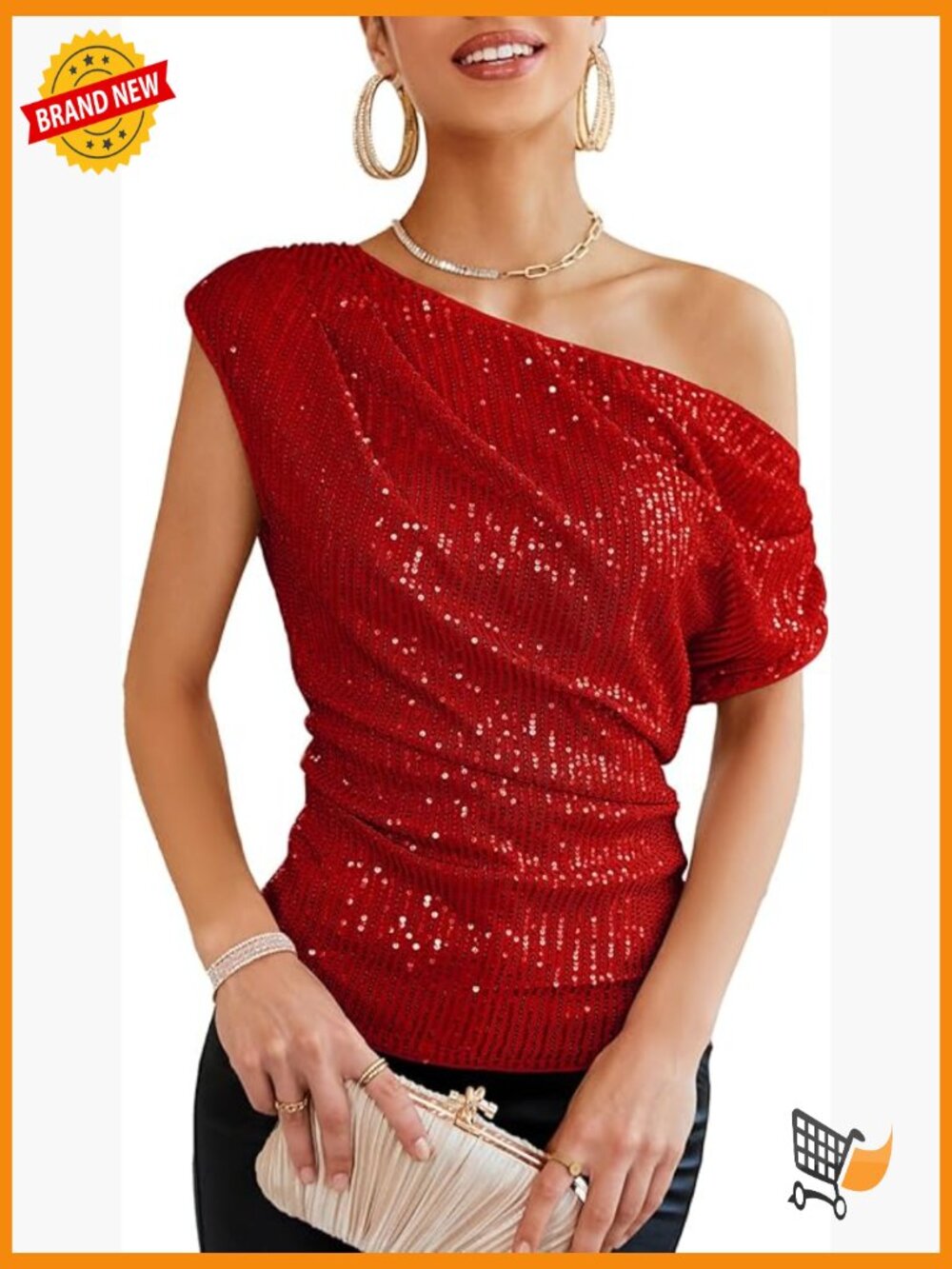 One Shoulder Sequin Ruched Glitter Top Slimming Sparkle Party Shirt